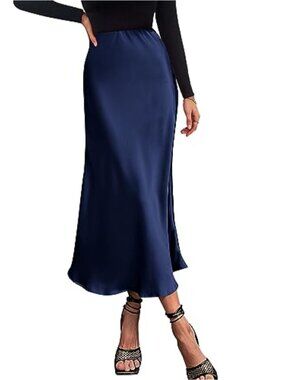 High Waist Silk Satin Midi A-Line Skirt Women's Elastic Flowy